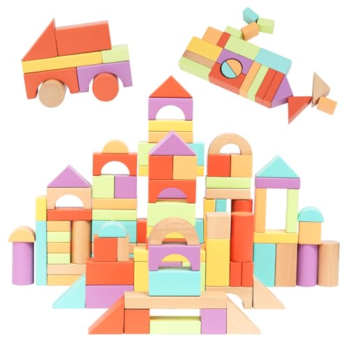 Nene Toys Blocs de Construction en Bois 100 Pièces – Blocs en Bois FSC aux Couleurs Vives pour Enfants dès 1 an – Jeu Montessori d'Éveil, Empilage & Tri pour Filles & Garçons – Idée Cadeau 1 2 3 Ans