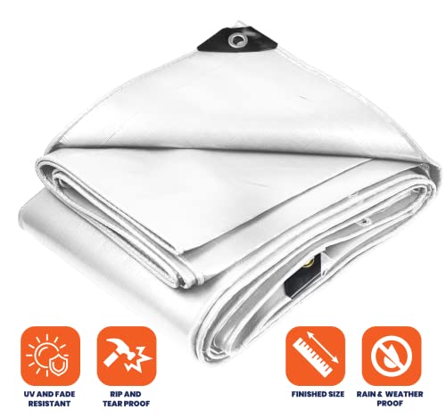 Image of Heavy Duty 10 Mil Tarp Cover, Waterproof, UV Resistant, Rip and Tear Proof, Poly Tarpaulin with Reinforced Edges for Camping, Roof, Patio, Pool, Boat. (White 12′ X 20′)