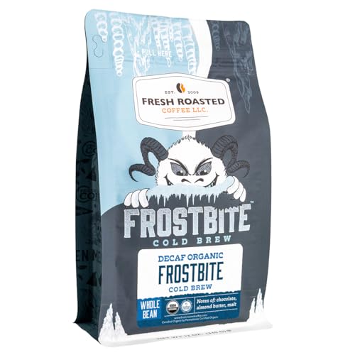 Image of Fresh Roasted Coffee, Organic Decaf Frostbite Cold Brew Whole Bean Coffee, Medium Roast, USDA Organic, 3rd Party Tested for Mold, Mycotoxin & Pesticides, Kosher, 12 oz
