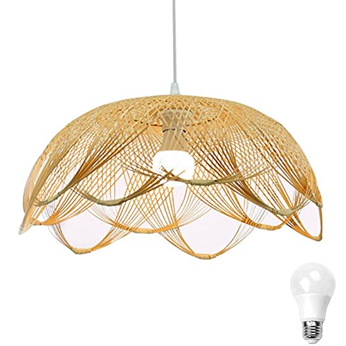 Tissé À La Main En Bambou Pendentif Lumière Forme De Fleur Lustre En Bambou Naturel Plafonnier Plafonnier, Lustre De Style Rural Pour Chambre, Salle À Manger, Salon
