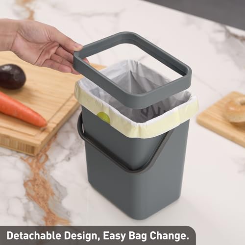 EKO Puro Wall-Mounted Trash Can with Lid, 1.32 Gal / 5L Hanging Trash Can, Small Kitchen Compost Bin for Counter Top, Mini Food Waste Bin (Grey) by EKO - Used condition - Image 7