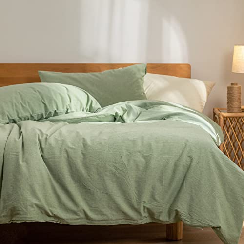 Green Duvet Cover Queen, 100% Washed Cotton Linen Like Textured Solid Color Casual Modern Style Green Bedding Set, With Zipper Closure, Luxury Soft Relaxed Feel Natural Wrinkled Comfy (3Pcs, Queen) #TOP1