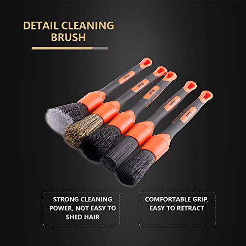 SPTA Car Detailing Brush Set, 5 Pack Soft Boar Hair Auto Detail Brush Kit with Elbow for Automotive Elegant Surface Interior Exterior Dashboard Emblems Panels Engine Bay Wheels Air Vent Seat Leather - Thumbnail 2