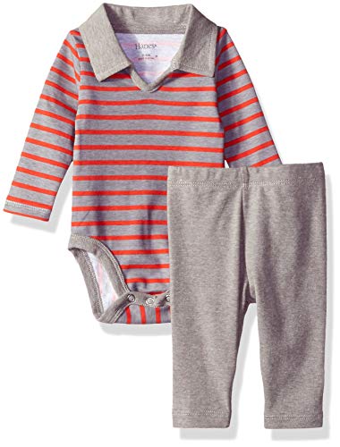Hanes Ultimate Baby Flexy 2 Piece Set (Pant with Long Sleeve Polo Bodysuit), Red/Grey Stripe, 6-12 Months