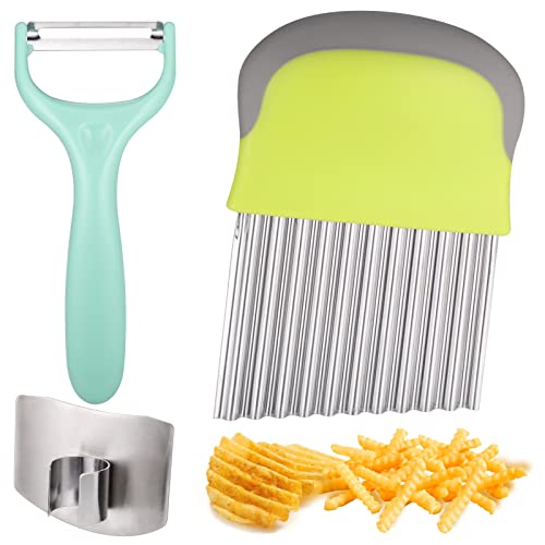 Cortador de Patatas Onduladas, Acero Inoxidable Cortador Patatas, Manual Cortador de Verduras con Protector de Dedos y Pelador de Patatas, Cortadora para Papas, Zanahorias, Queso, Papas Fritas