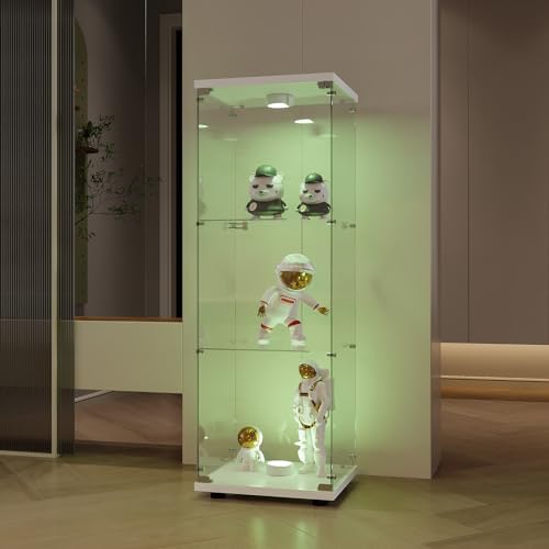 Poeahu vitrina de cristal con luces LED, armario para colección con 2 estantes y 1 puerta y cerradura, armario de colección para sala de estar, dormitorio, oficina, cristal templado, 125 x 42 x 36 cm