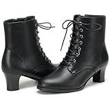 COOLCEPT Women Vintage Victorian Boots Lace up Block Heel Ankle Boots 70s Steampunk Booties Zipper Black Size 39