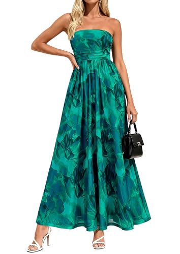 PRETTYGARDEN Women Strapless Maxi Dress 2026 Summer Floral Tube Top Ruched Beach Spring Wedding Guest Long Dresses (Floral Green,X-Large)