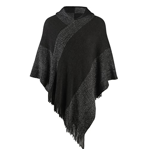Image of Women's Elegant Knitted Shawl Poncho with Fringed V-Neck Striped Sweater Pullover Cape Gifts for Women Mom