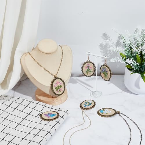Image of FREEBLOSS 6 Set Embroidery Necklace Kit Embroidery Kit for Beginners Embroidery Pendant Flowers Brooch Mini Embroidery Kit with Instruction Embroidery Starter Kit for Adults Stamped Pattern Cloth