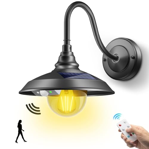 SIEDiNLAR Solar Barn Light Outdoor 3 Modes 2 Lighting Aluminum Gooseneck Wall Light Vintage Farmhouse Waterproof with Remote & Motion Sensor for Barn Garage Shed Chicken Coop Porch Black (1 Pack)