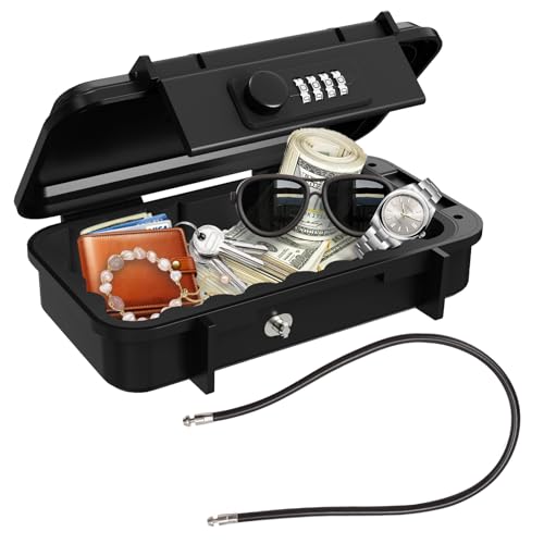 Portable Small Lock Box, Waterproof Beach Travel Lock Box, 4-Digit Combination Lock Box with Removable Chain for Travel, Beach, Hotel, Dormitory, Home and Office
