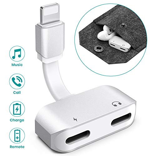 Dual Headphone+Charge Lighnting Adapter,KlearlooK Aluminum 2-in-1 Charge+Audio Headphone Jack (Phone Call+Volume Control) Phone Splitter Compatible i Phone 11 Pro Max/11 Pro/11/X/XS MAX/8/i Pad-Silver