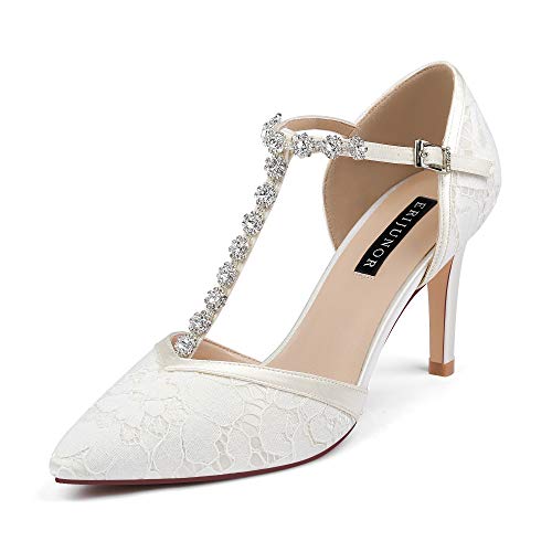 ERIJUNOR Women Lace Bridal Shoes Mid Heel with Rhinestones T-Strap Pointy Toe Satin Wedding Shoes