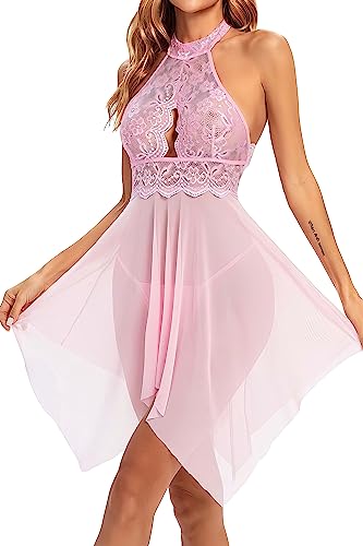 Image of Polyester Spandex & Lace Floral Lingerie for Women Lace Babydoll with G-String Sleepwear Chemise V Neck Mesh Sleepwear Sling Dress Beautifull Babydoll Lingerie Honeymoon