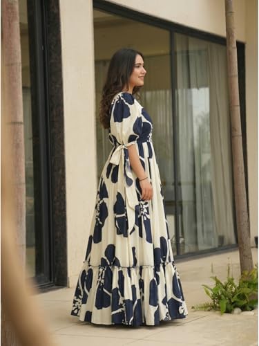 Image of Modestouze Attires Women's Floral Pattern Rayon Blend Maxi Dress with Sweetheart Neck Half Puff Sleeve Floor Length and Zipper Closure Type | Maxi Dress for Women Stylish | Dress for Women