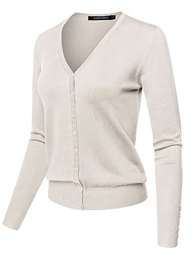 Basic Solid V-Neck Button Closure Long Sleeves Sweater Cardigan Ivory M #TOP2
