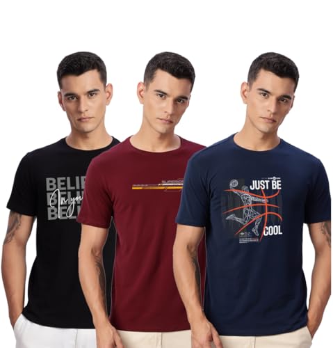 Image of ADRO 100% Cotton Lycra Tshirts for Men Combo Pack of 3 | Regular Fit | Printed T Shirt | Round Neck Half Sleeve| Mens Tshirts