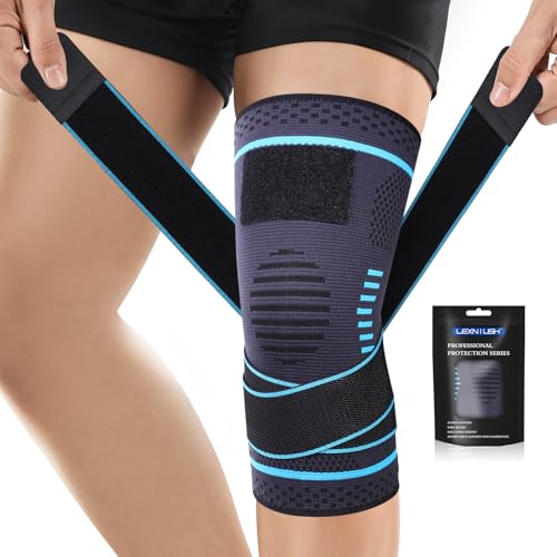 Genouillère Sport pour Homme et Femme, Réglable Genouillere de Compression Pour Arthrose, Ligamentaire, Déchirures du Ménisque, ACL/ MCL, Soulagement Douleur Genou, Course, Attelle Genou Bleu Lac M