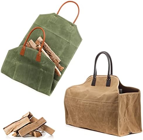 onmaru Heavy Duty Waxed Canvas Log Carrier Tote, Large Fire Wood Bag, Firewood Holder, Outdoor Camping, BBQ Wood Stove Accessories. 2style (Open, Closed Side Wall) Tote Bag Combo, Green/Brown