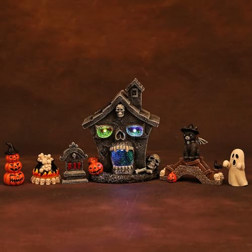 Semeid Halloween Decor Accessories – 7-Piece Resin Mini Figurines & Haunted House LED Night Light for Indoor Tabletop, Shelf & Mantel Décor, Haunted Party & Horror Room Accent (No Batteries Included)