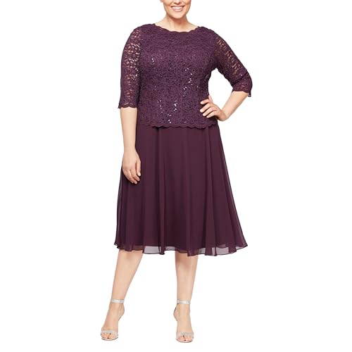 Alex Evenings Women's Plus Size Tea Length Lace Mock Dress