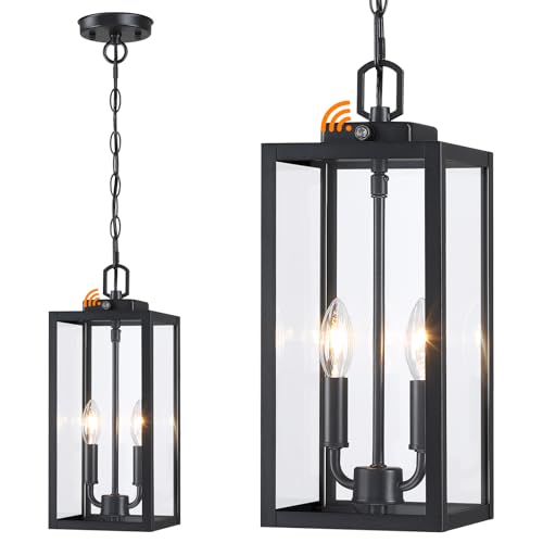 Large Outdoor Pendant Light 2-Light, 15'' Dusk to Dawn Modern Black Metal Outside Chandelier...
