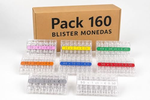 Desk Material | 160 Blíster para Monedas Euro – 20 x Céntimo 1, 2 y 5 | 20 x 10, 20 y 50 Céntimos | 20 x 1 Euro | 20 x 2 Euros | Organizador y Clasificador de Monedas