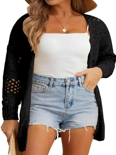Image of Plus Size Womens Crochet Cardigans Sweater Boho Long Sleeve Lightweight Oversized Open Front Loose Fit Knitted Tops