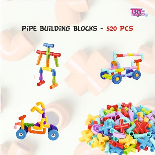 Image of ToyMagic Pipe Building Blocks - 520 Pcs, Large STEM Educational Building Set for Kids, Multicolor Interlocking Tubes, Creative Construction Puzzle, Boosts Problem-Solving Skills, for 3+