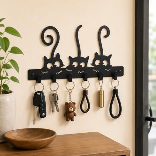 Image of Key Holder for Home Decor Stylish, Metal Cat Wall Mount with 6 Rustproof Hooks, Key Hanger for Wall, Matte Black Keys Stand, Decorative Home Organizer