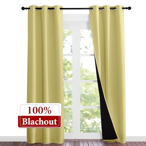 Image of NICETOWN Paler Yellow Full Shade Curtain Panels, 37 inch Wide x 80 inch Long, Pair of Thermal Insulated & Energy Efficiency Blackout Curtains for Living Room Windows, Lined Silky Performance Window Dressing
