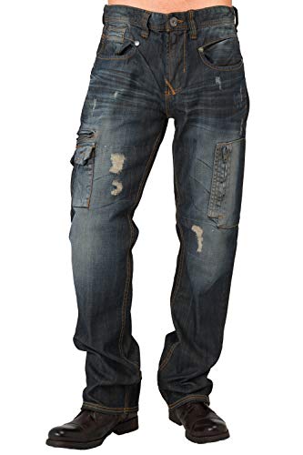 Level 7 Men's Relaxed Premium Denim Jeans Distressed Dark Blue Wash Utility Cargo Pockets