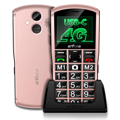 artfone 4G Teléfono Móvil para Personas Mayores丨Senior Moviles de Teclas Grandes y Volumen Alto丨Doble SIM丨Botón SOS丨Base de Carga丨Bateria 1800mAH丨Radio丨Anuncio de Hora por voz丨Pantalla 2,4 - Rosa