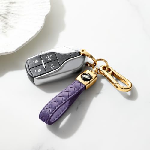 Image of Gkeygo Carabiner Keychain, Universal Heavy Duty Woven Handmade Leather Key Chain, Car Fob Key Keychains with 360 Degree Rotatable Snap Swivel and Anti-Lost D-Ring for Men and Women,Light Gold - Purple