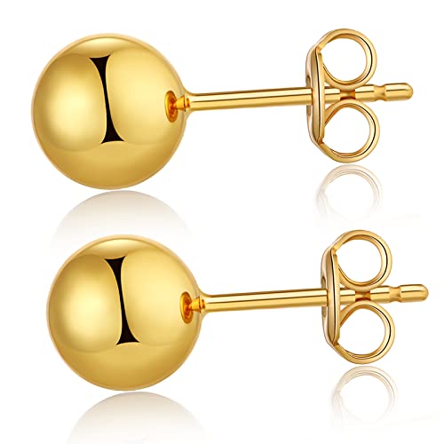 18K Gold Plated Sterling Silver Ball Stud Earrings for Women Men, Round High Polished Balls Studs Hypoallergenic, Butterfly Back (4mm/ 5mm/ 6mm/ 7mm/ 8mm)