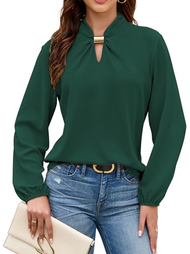 AOVDE Women's Long Sleeve Blouse Dressy Casual Office Work Shirts Business Tops 2025 Trendy Fall Outfits Dark Green M - Main Image