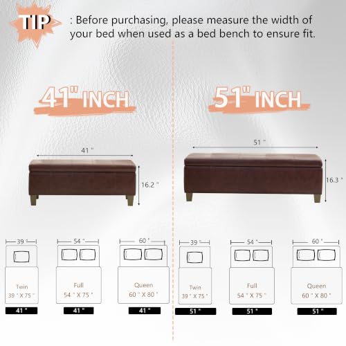 Image of 41 inch Storage Ottoman, Storage Bench with Safety Hinge, Upholstered Synthetic Leather Ottoman Bench for Bedroom, Living Room, Entryway, Hallway, Foot Rest, Support 500lbs
