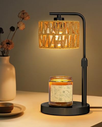 Candle Warmer Lamp, Timer Dimmable Wax Warmer, Adjustable Height and Brightness Candle Melt Lamp, Boho Rattan Lampshade and 2 Bulbs, Suitable for Home Decor, Birthday Gifts for Women Mom (Black)