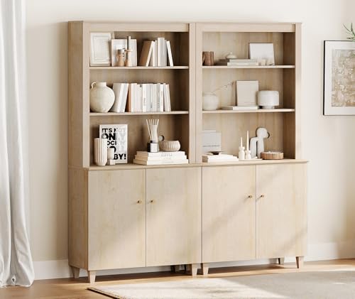 Image of WAMPAT 71 inch Tall Bookcase with Doors & Storage Cabinet, 2 Column Modern 5-Tier Bookshelf with Adjustable Shelf, 71 inch Wide Wooden Display Book Shelf for Home Office, Living Room, Bedroom, Light Oak
