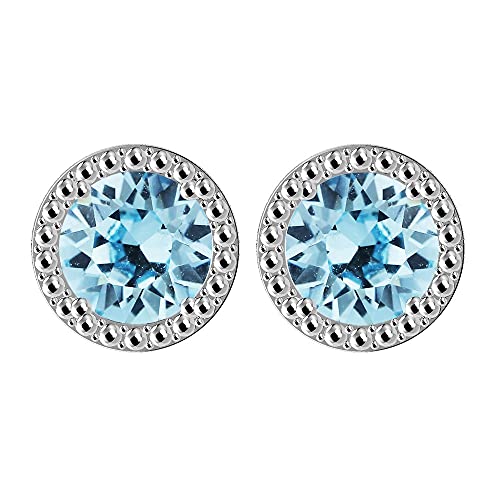 Hypoallergenic Handmade Cubic Zirconia March Aquamarine Blue Birthstone Austrian Crystal 18k Rhodium Plated Solitaire Stud Earrings