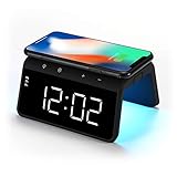 RCA Wireless Charger Alarm Clock - 10 Watt Qi Charging with Multi Color Nightlight & Additional USB Charging Port
