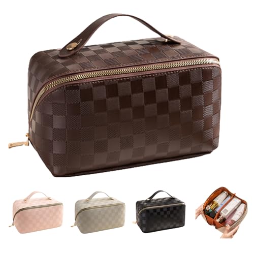 PU Leather Waterproof Multifunctional Makeup Organizer - Large Capacity Travel Cosmetic Bag With Handle - Plaid Checkered Makeup Bag (Brown)