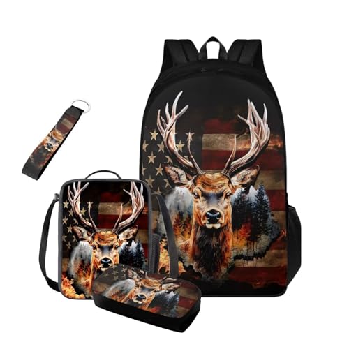 American Flag Deer Hunting Backpack for Kids 14-16 Large Capacity Boys Bookbag with Lunch Bag 4 Pcs Girls School Backpacks Set for Elementary Middle School Casual Rucksack3