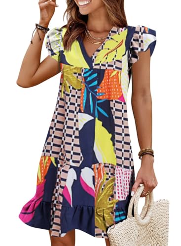 Image of QACOHU Spring Summer Dresses for Women 2026 V Neck Cap Sleeve Ruffle Hem Smock Short Casual Beach Dress