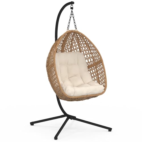 IDMarket – Sillón Luna colgante calado efecto ratán con cojín crudo