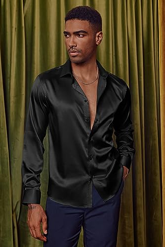 PJ PAUL JONES Men's Shiny Satin Dress Shirts Long Sleeve Button Down Silk Shirt with Bow Tie2