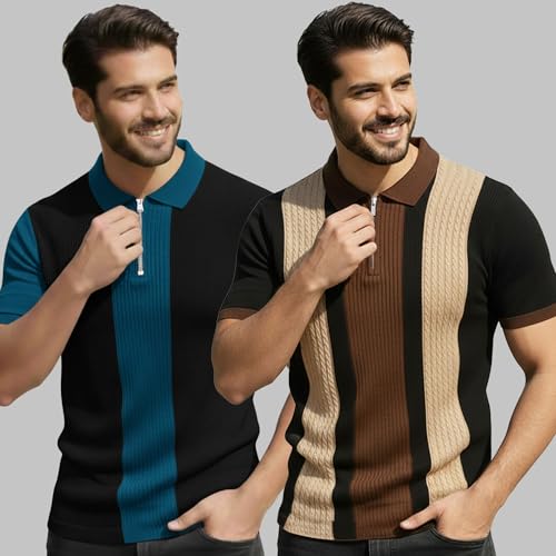 Image of AUSK Men's Textured Vertical Striped Knit Polo T-Shirt | Half Sleeve Zipper Neck Self-Design Casual Tee | Mens Tshirts