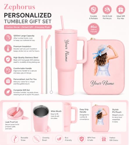 Image of Zephorus Personalized Stainless Steel Tumbler with Handle, 1200ml Capacity, Black Insulated Travel Mug with Straw, Custom Name Design (PU Pouch & 40oz Tumbler Pink)