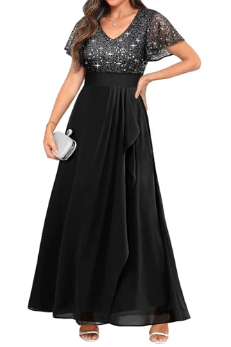 Pinup Fashion Formelle Kleider für Damen, Übergröße, Pailletten-Abendkleid, Hochzeit, Gast, Abschlussball, langes Kleid, Schwarz, 52 Mehr